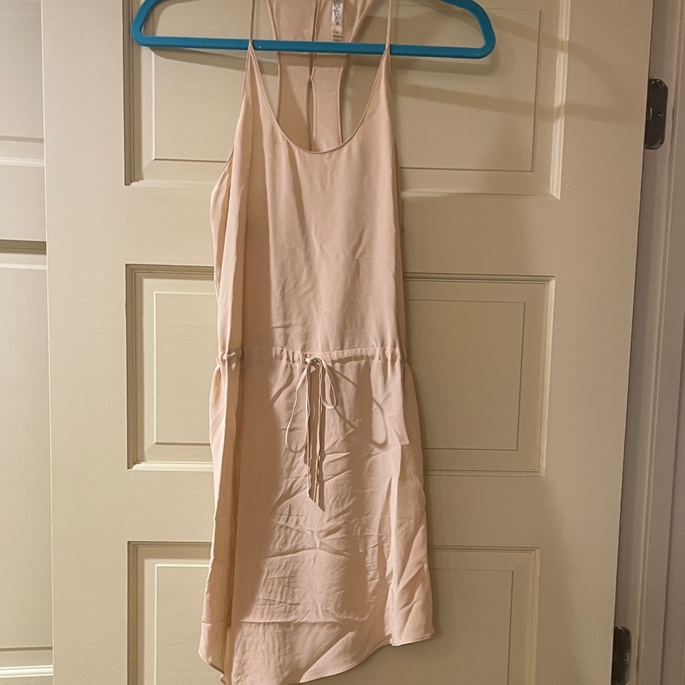 Tan 100 % silk racer back dress drawstring waist unlined